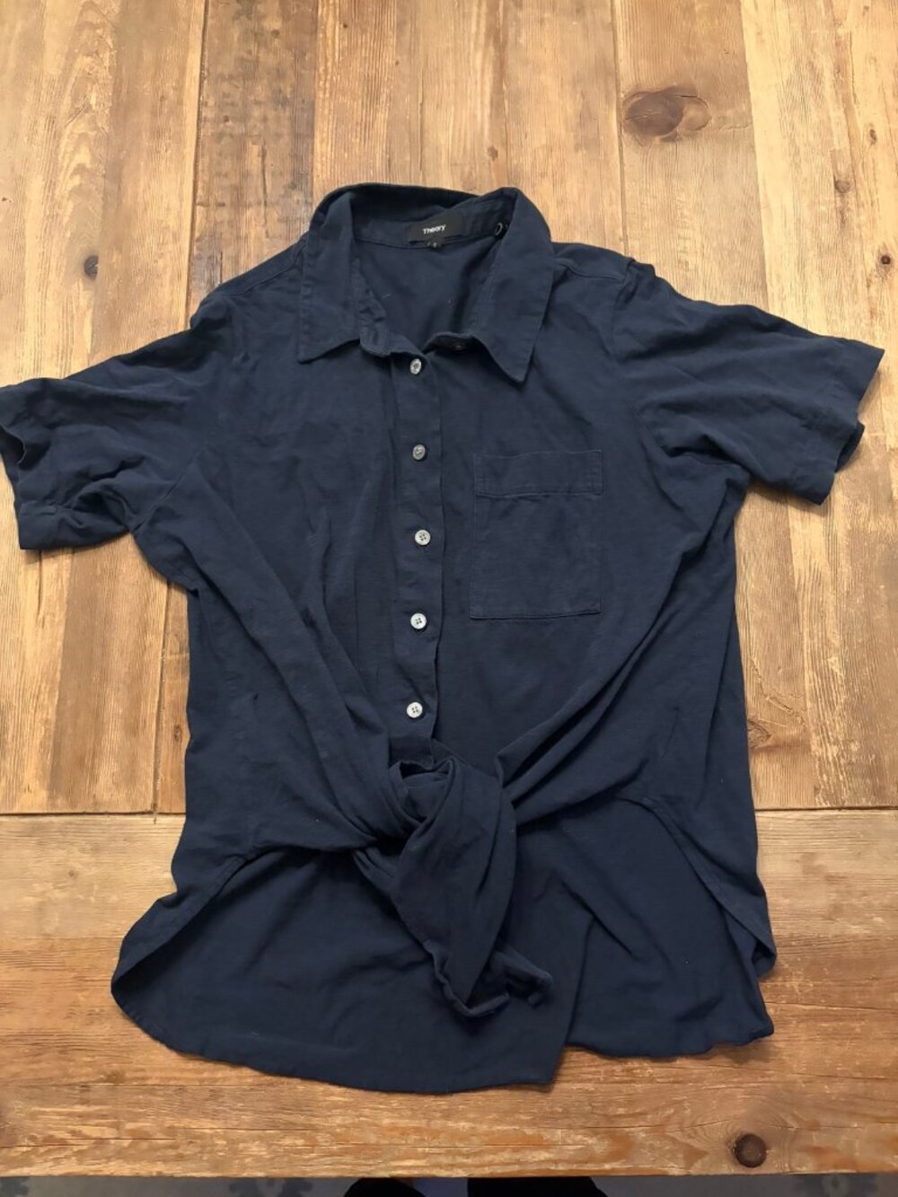 Theory Hekanina Womens L Dark Navy Tie Front Cotton Shirt Sea Slub